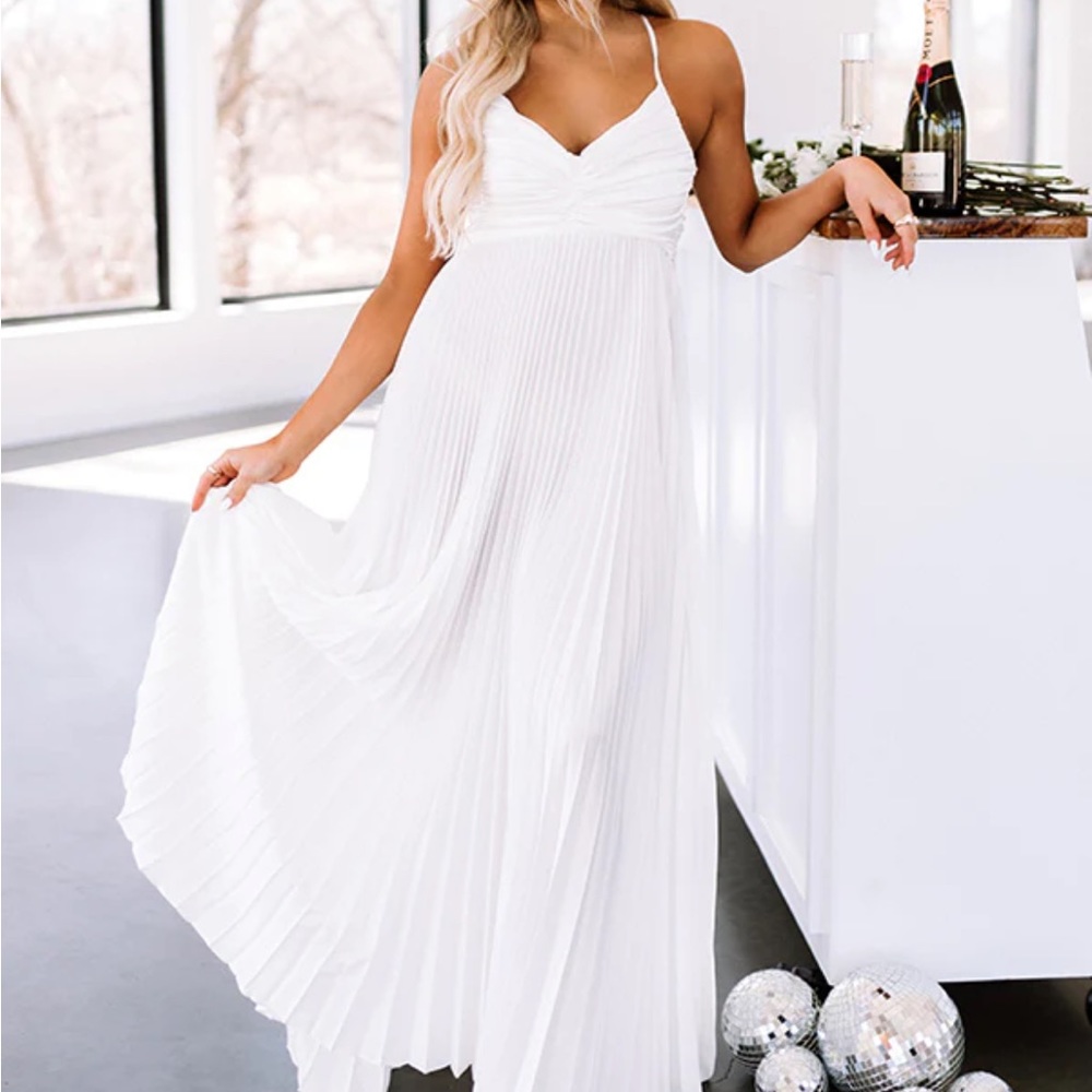 Satin pleated maxi gown in ivory